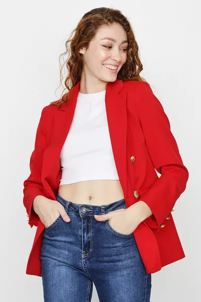 Women's Red Gold Button Blazer Jacket