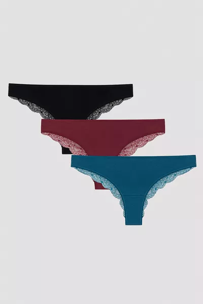 Donkergekleurde Brazilianse Slip met Achterkant van Kant, set van 3