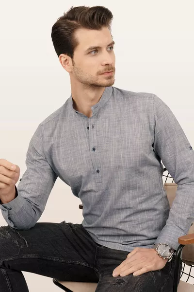 Smoked Gray Shawl Collar Linen Three-Button Men's Shirt