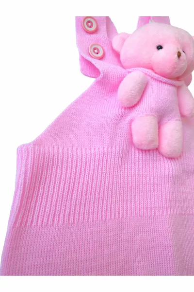 Salopette tricotée pour bébé et enfant avec boutons et petit ours, rose
