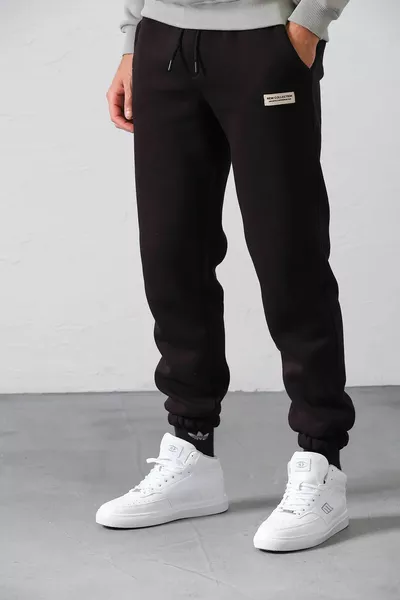 بنطال رياضي رجالي أسود من قماش شاردن مع خيوط ثلاثية