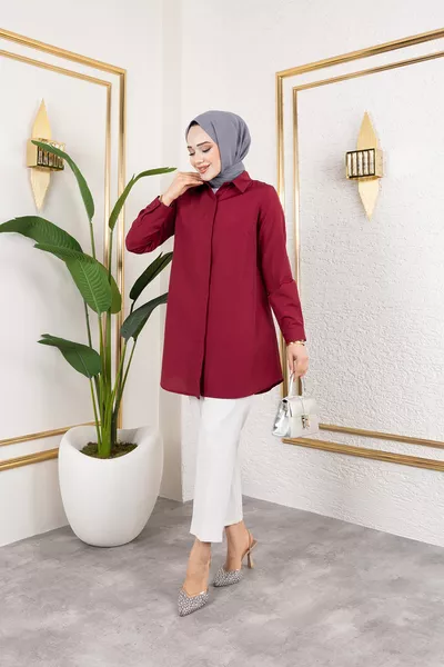 Women's Burgundy Terikoton Hidden Button Boyfriend Hijab Shirt