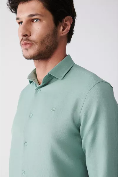 Men's Green Easy-Iron Waffle Cotton Shirt 
