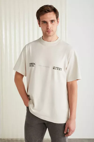 Apolo Men's Oversized Short Sleeve T-Shirt with Back Print Detail, % Organic Cotton Knit, Stone Color
