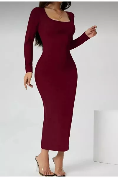 Robe longue bordeaux à col carré et manches longues avec stretch