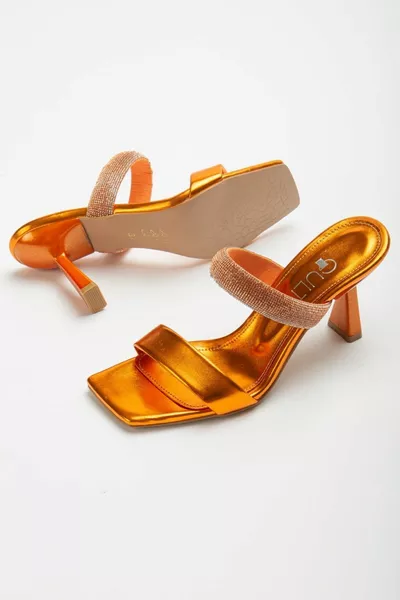 Дамски стилни нови модни удобни чехли на ток с оранжеви камъни - ток 9 см