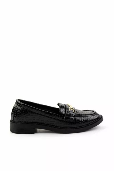 Schwarze Damen-Loafer-Schuhe aus Kroko-Lackleder 