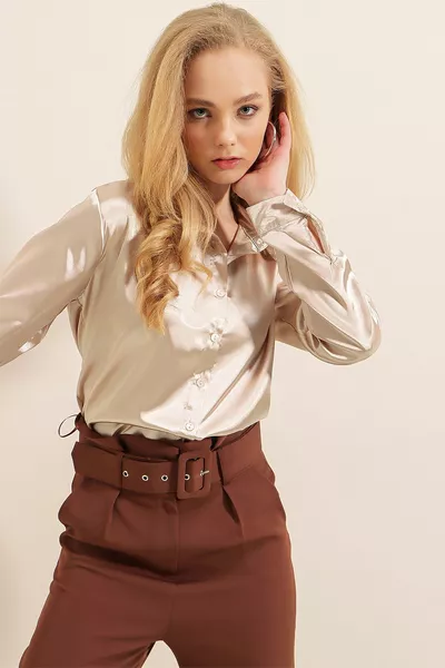  Licht Vloeiend Satijnen Overhemd - Beige