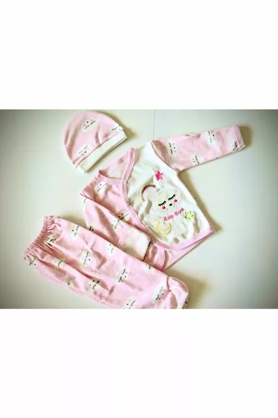 Pembe Bulutlu Yenidoğan Kendinden Eldivenli 3’lü Hastane Çıkışı Pamuk Takım