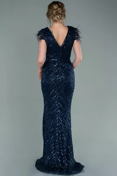 Women's Navy Blue Long Sequin Embroidered Otrich Evening Dress 