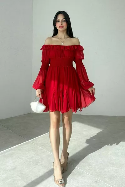 Women's Chiffon Fabric Gipe Design Strapless Collar Long Sleeve Mini Red Evening Dress 