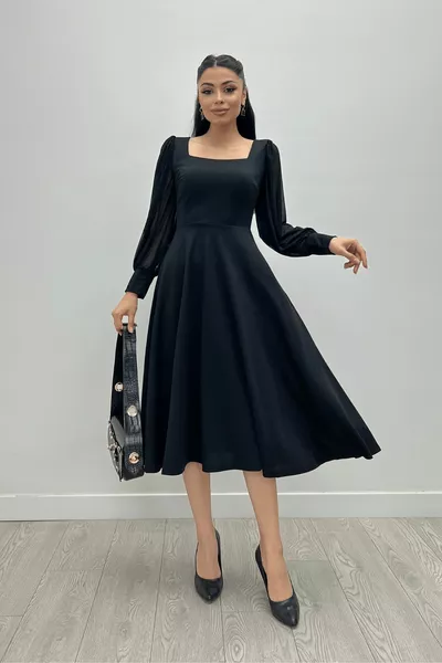 فستان متوسط الطول بأكمام كريب من قماش التول - أسود