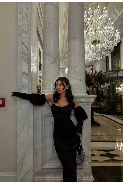 WOMEN'S BLACK STRAPLESS SLEEVE DETAILED LONG PENCIL DRESS