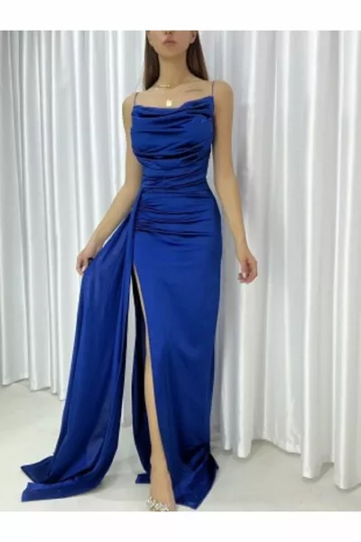 تمتد الساتان النسيج شق مفصلة فستان مساء طويل مع الأشرطة وفستان التخرج  