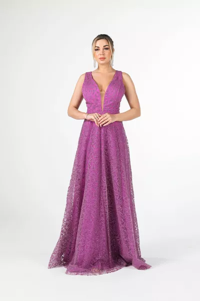 Abendkleid mit V-Ausschnitt und Glitzer bestickt Fuchsia 