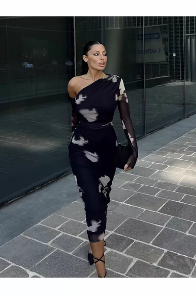 Colorato nero monospalla Tulle dettagliato elegante vestito elegante