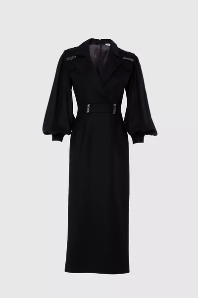 Ankle length black dress with embroidered detailed drawstring sleeves