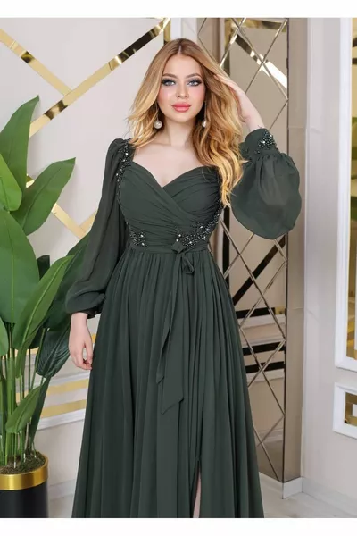 SlimFit Cut Evening Dress with Bead Detail Slit at the Waist