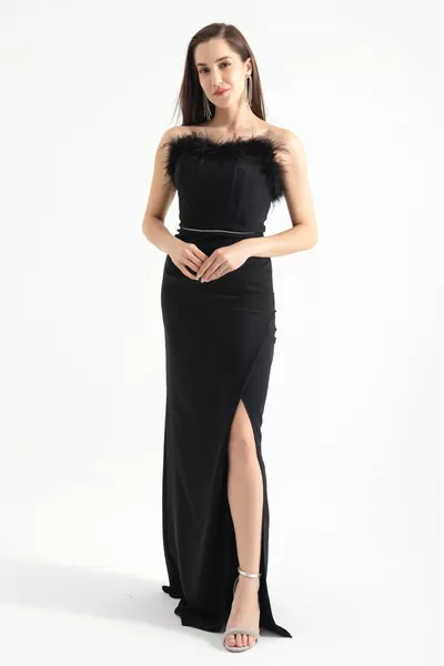 Robe de soirée longue à fente corset à armatures Otriş noire pour femme