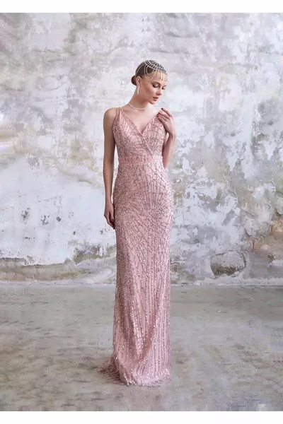 Askılı Kruvaze Taş İşlemeli Uzun Balık Model Abiye