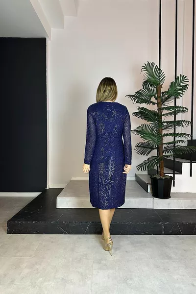  Kragen Detail Pailletten Design Kleid Marineblau