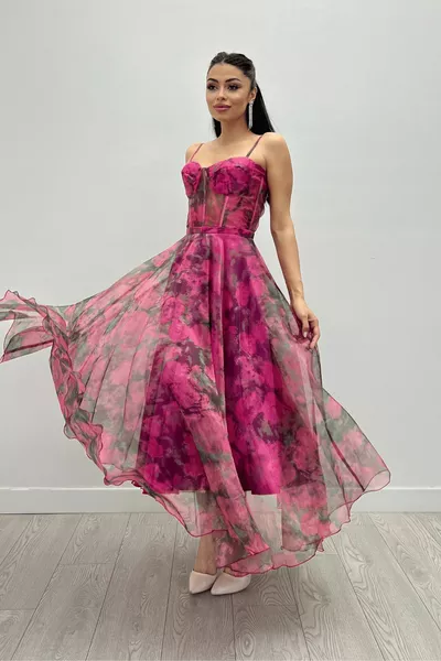 Платье миди на ремешке из органзы - РОЗОВЫЙ