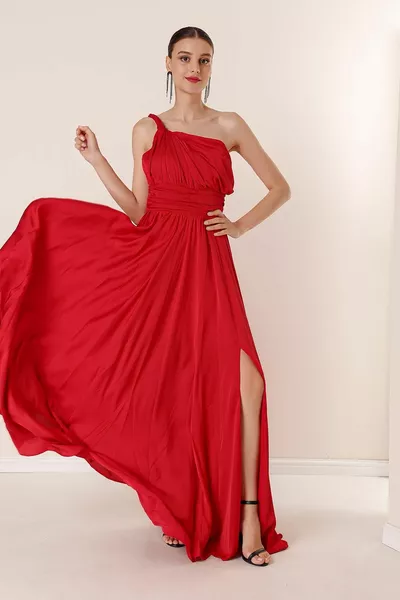 Плета единична каишка шнур подплатени дълга рокля червено