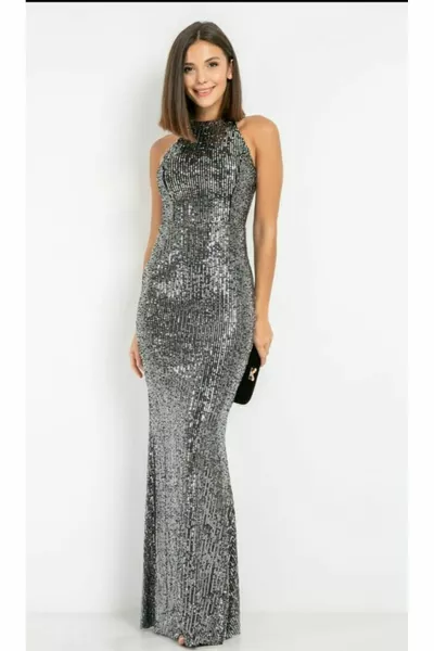 Women's Silver Sequin Sequined Fish Model Evening Dress