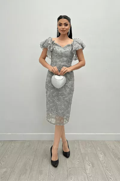 Stickerei Spitze Stoff Boot Kragen Bleistiftkleid - GRAU