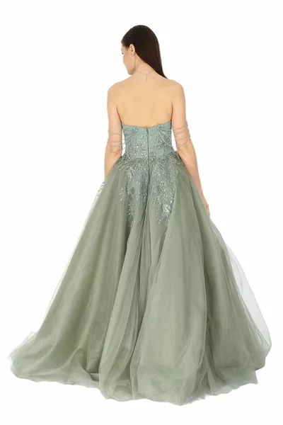 Çağla verde scollatura senza spalline taglia abito da sera lungo in tulle con pizzo e ricamo di perline gonna soffice