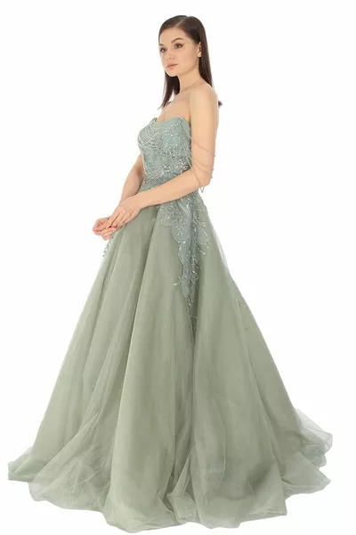 Çağla verde scollatura senza spalline taglia abito da sera lungo in tulle con pizzo e ricamo di perline gonna soffice