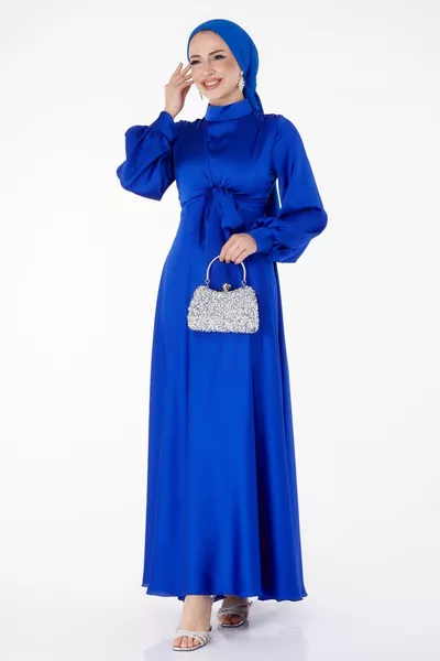 Abito da sera da donna con cravatta frontale blu con collo dritto a giudice - 