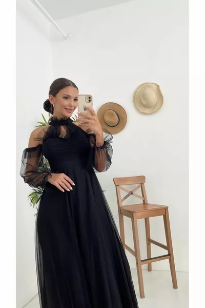 DAMES TULE MOUWEN GEDRAPEERDE AVONDJURK MET ELASTISCH DETAIL