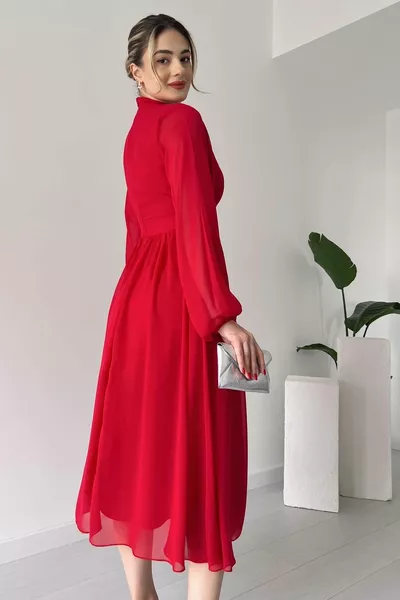 Lined Chiffon Fabric Stand Neck Flared Cut Long Sleeve Midi Length Red Evening Dress 
