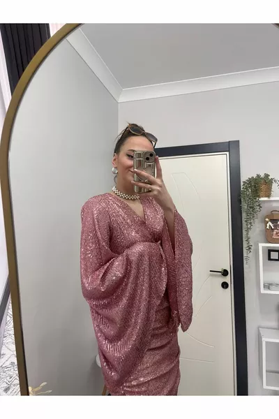 РОЗОВ ПАЙЕТИ ХЛАБАВ РЪКАВ РОКЛЯ ДАМСКИ МИНИ