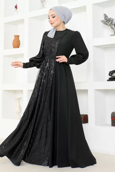 فستان سهرة بريق من التول كريب  أسود