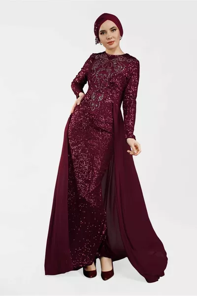 Дамски бордо нос поглед пайети вечерна рокля 