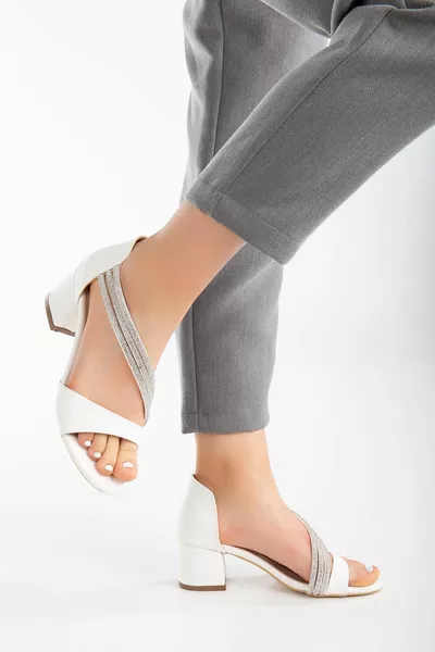 Thick Monoband 3 Row Cross Stone White Women's Evening Dress Short Heeled Sandals