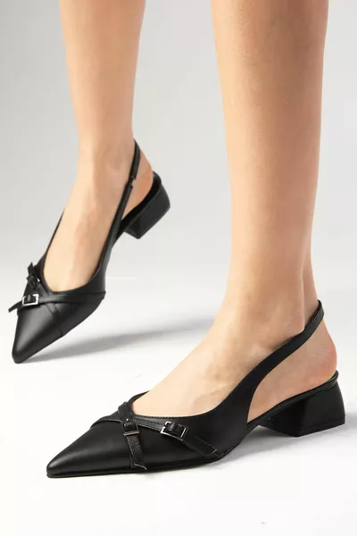 Лея Черен цвят Отворен гръб Заострени пръсти Къси токчета Дамски обувки