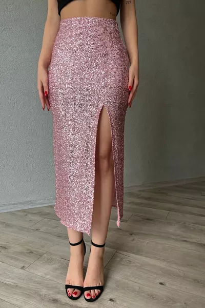 Пудра пайета с цип с цепка детайлна миди пола