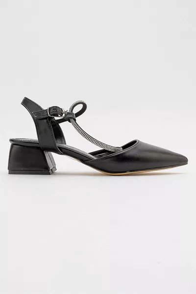 Sandali con tacco da donna con pietre pelle nera