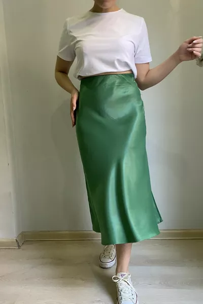 Viscose Satin Fabric Verev Model Midi Length Dark Green Skirt