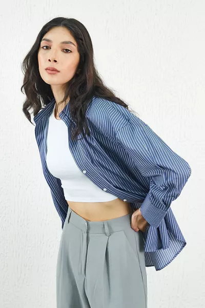 Navy Blue Pinstripe Cotton Satin Oversize Casual Fit Women's Basic Shirt | 