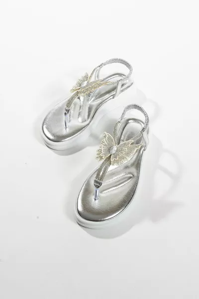 Dina Silver Stone Butterfly Detail Flip Flops Women's Sandals