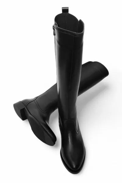 المرأة جلد طبيعي عارضة مطاط بسحاب الركبة أحذية سوداء إليس