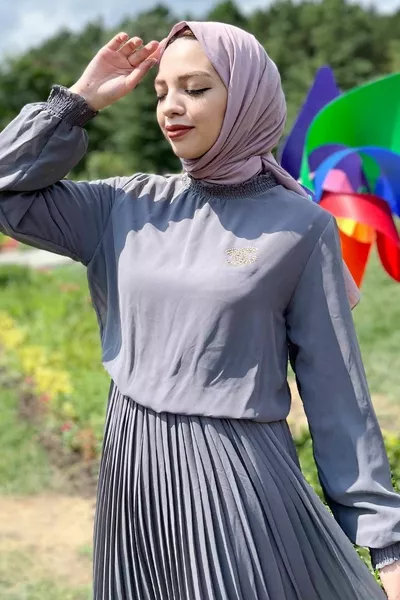 Pleated Chiffon Evening Dress Anthracite