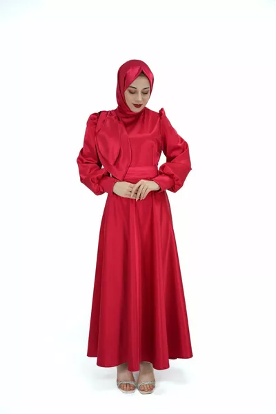 Women's Red Hijab Belted Satin Evening Dresses