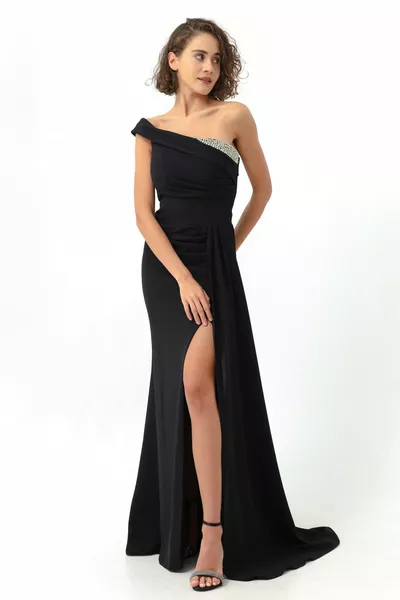 Women's Black One-Shoulder Long Evening Dress with Stones