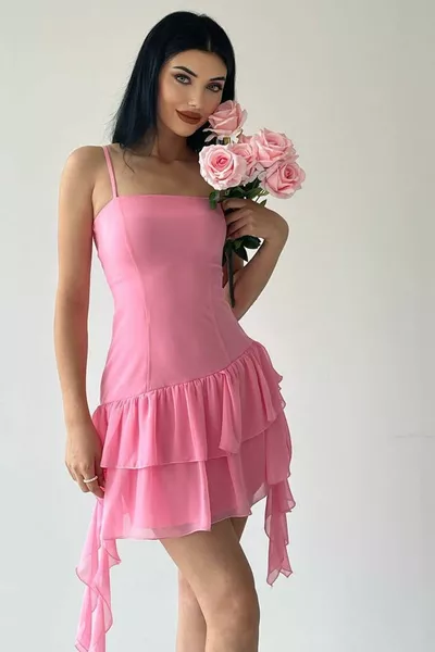 المرأة أطلس النسيج تنورة طبقات الشيفون تصميم حزام الوردي البسيطة مساء اللباس 