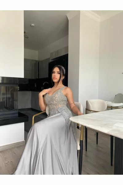 Stone Evening Dress, Chiffon Evening Dress, Special Design Evening Dresses